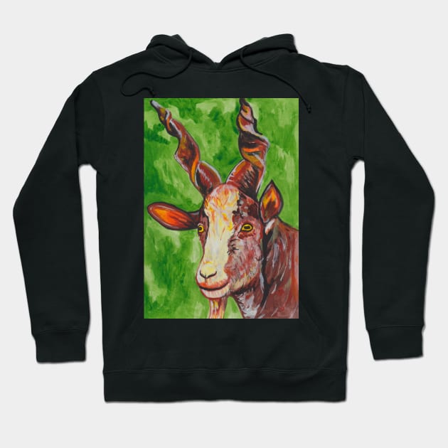 Pet Goat on green background Hoodie by deadblackpony